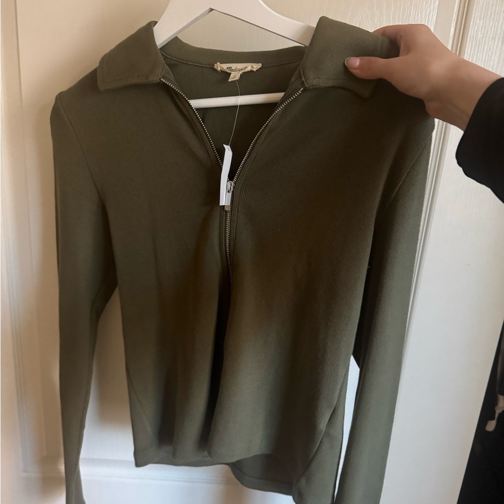 Madewell Olive Zip-Up Collared Sweater
